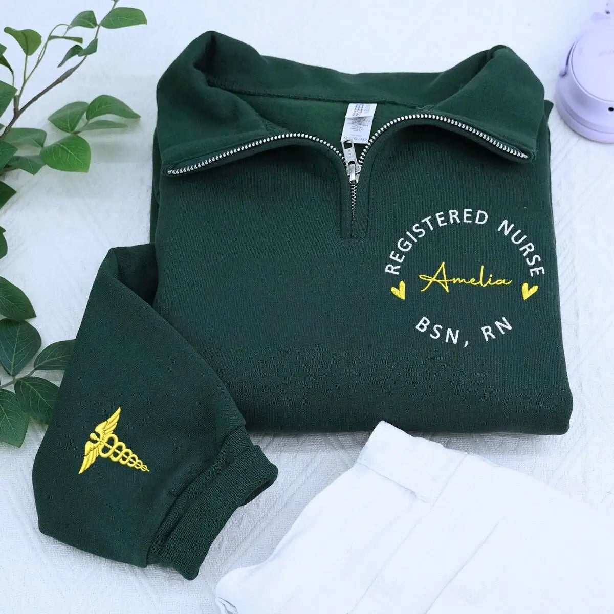 Custom embroidered nurse sweatshirt with name on chest and sleeve, ideal nurse gift