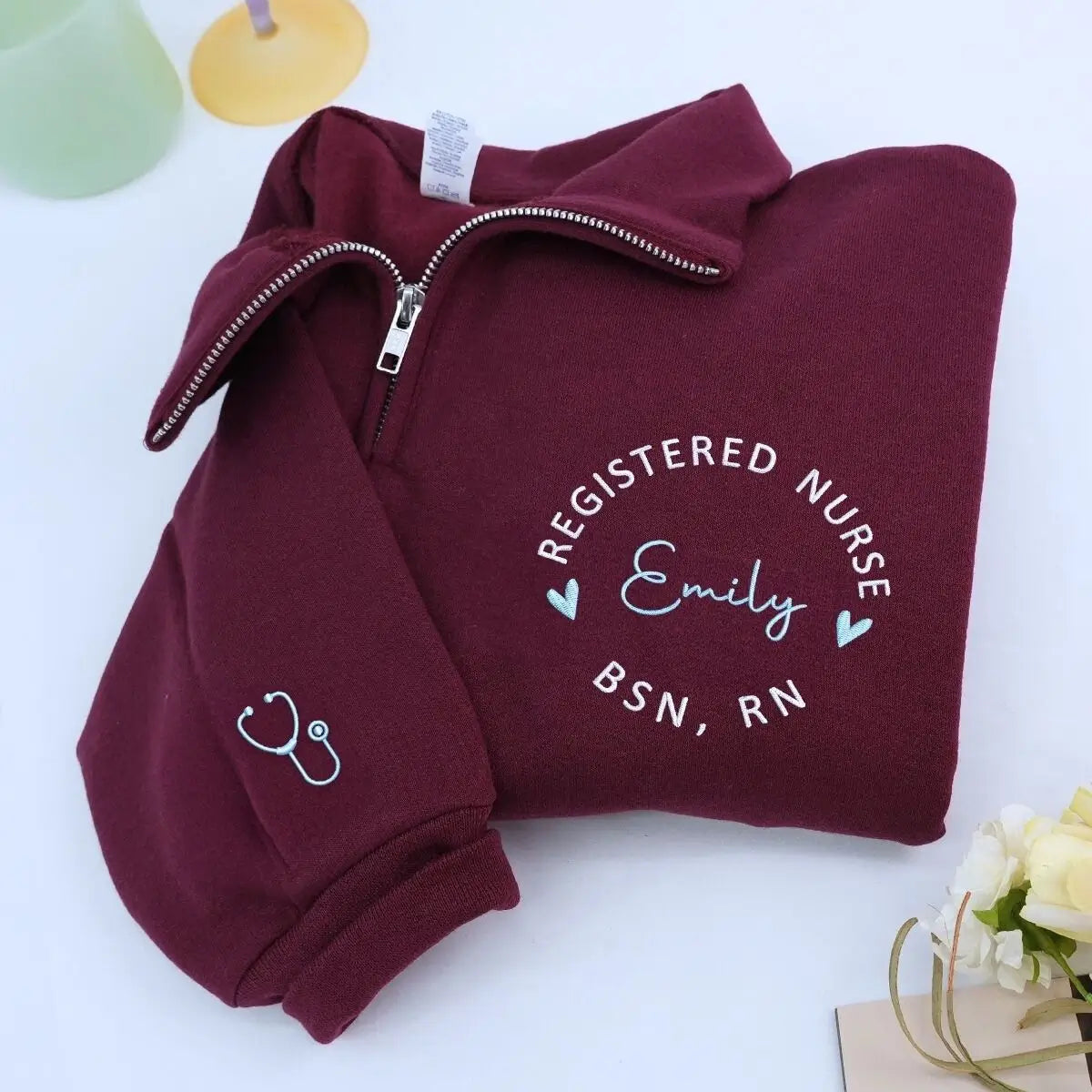 Custom embroidered nurse sweatshirt with name on chest and sleeve, ideal nurse gift