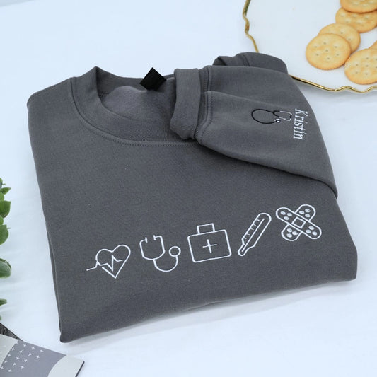 Custom Embroidered Nurse Icon Sweatshirt with Name on Sleeve, Unique Gift For Nurses