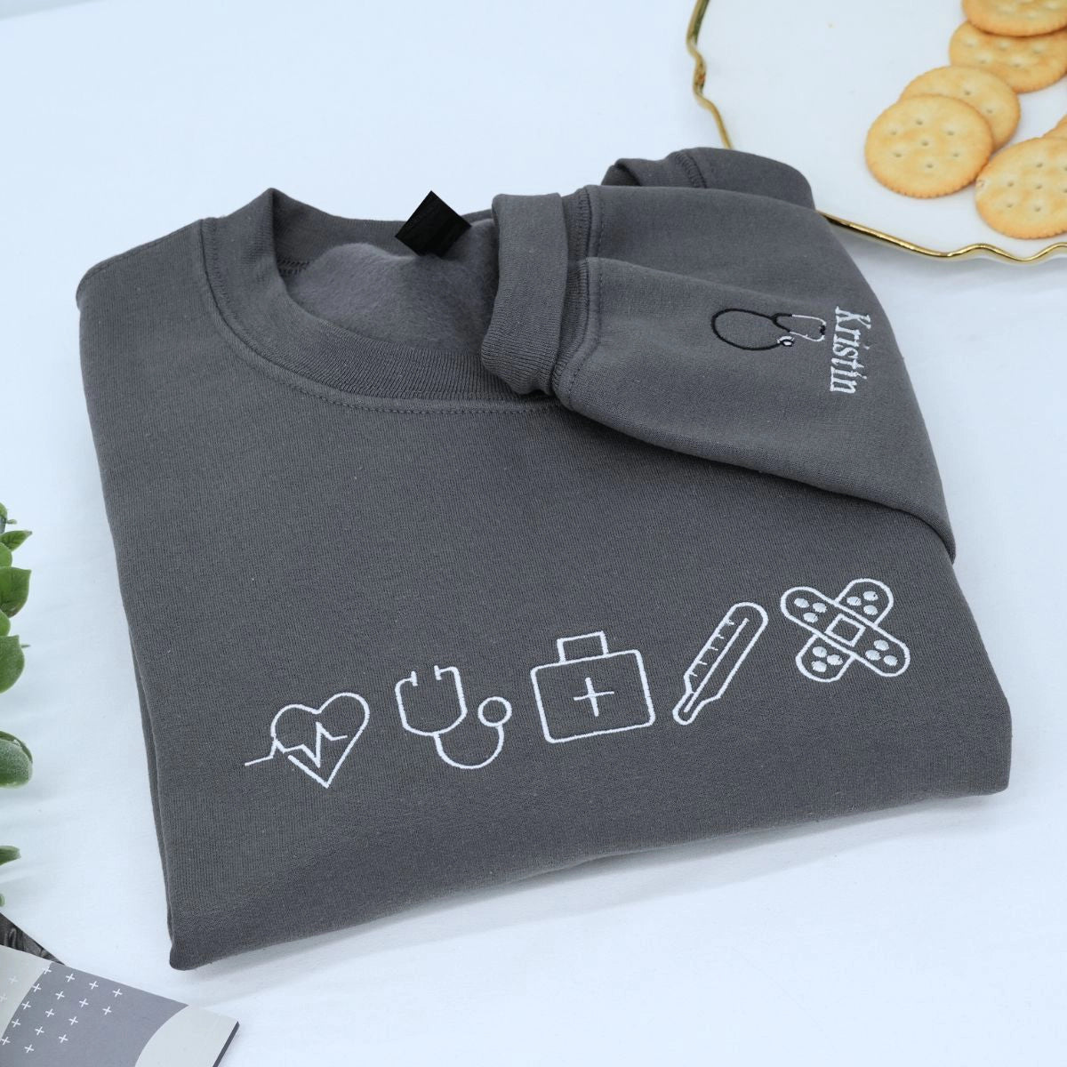 Custom Embroidered Nurse Icon Sweatshirt with Name on Sleeve, Unique Gift For Nurses