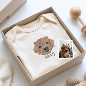 Custom baby onesie with embroidered pet photo and baby name, perfect newborn gift for pet-loving families