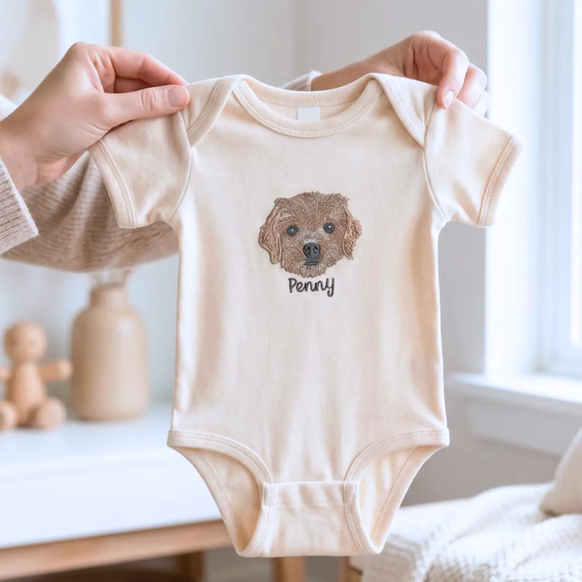 Custom baby onesie with embroidered pet photo and baby name, perfect newborn gift for pet-loving families
