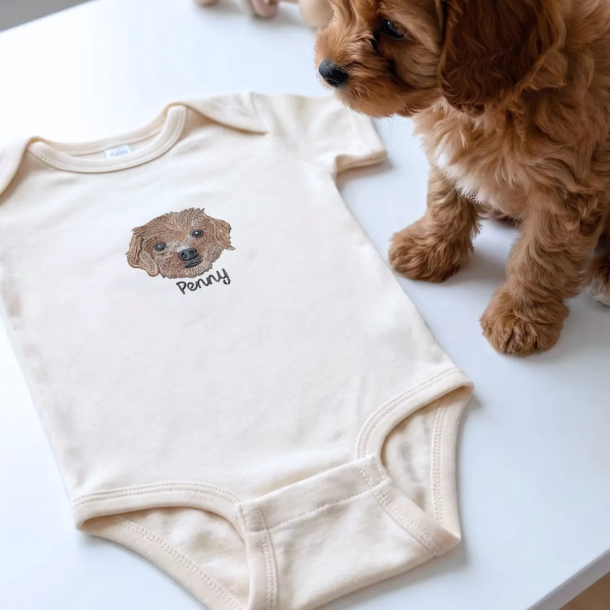 Custom baby onesie with embroidered pet photo and baby name, perfect newborn gift for pet-loving families