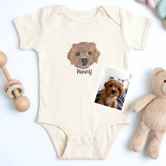 Custom baby onesie with embroidered pet photo and baby name, perfect newborn gift for pet-loving families