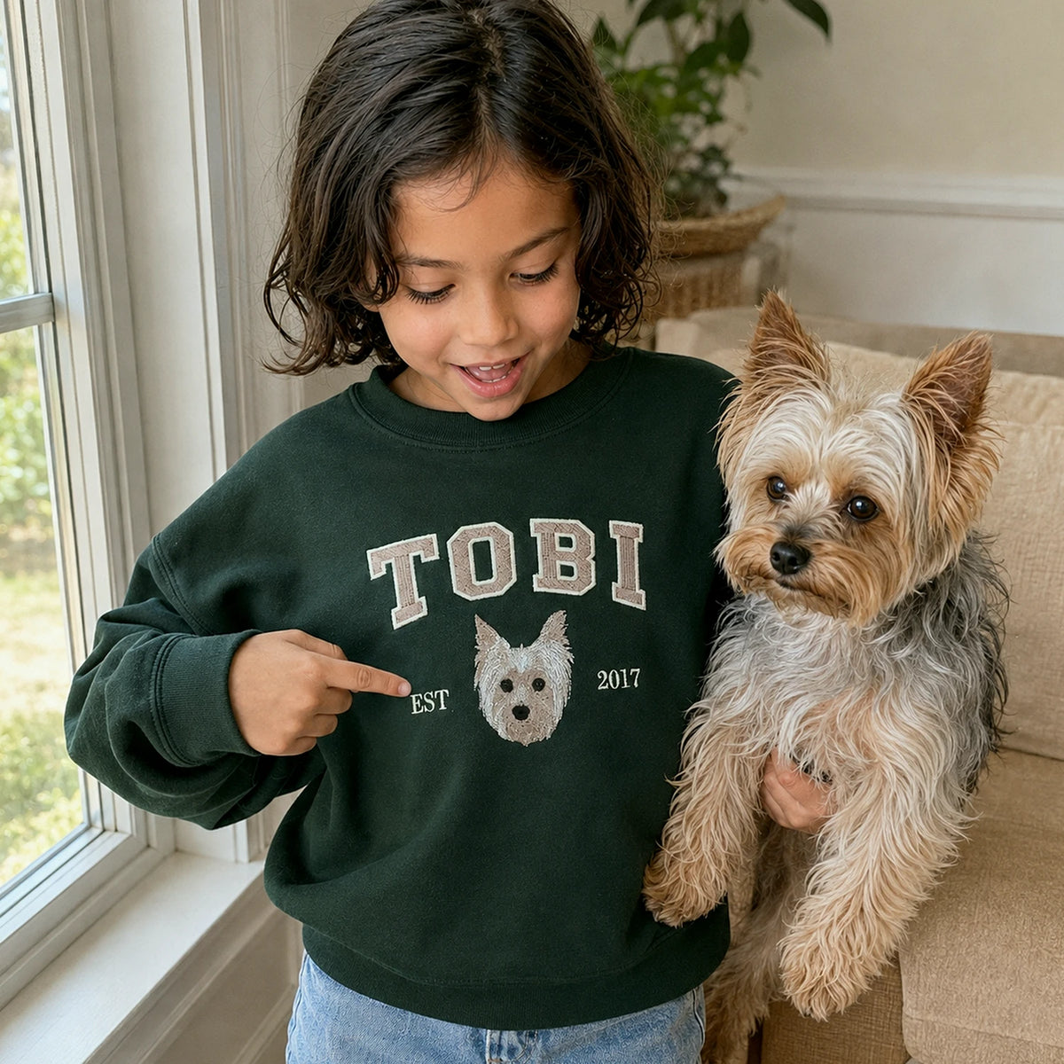 Custom Pet Portrait Embroidered Youth Sweatshirt, Custom Dog Cat Picture Crewneck for Kids