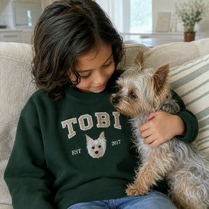 Custom Pet Portrait Embroidered Youth Sweatshirt, Custom Dog Cat Picture Crewneck for Kids