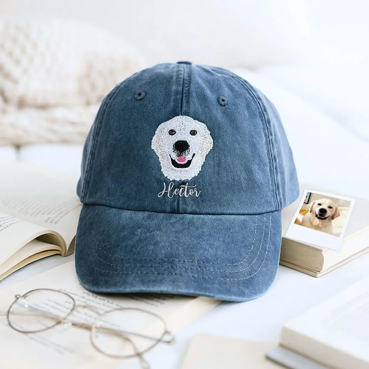 Custom embroidered hat with a pet photo stitched on the front – perfect personalized gift for pet lovers