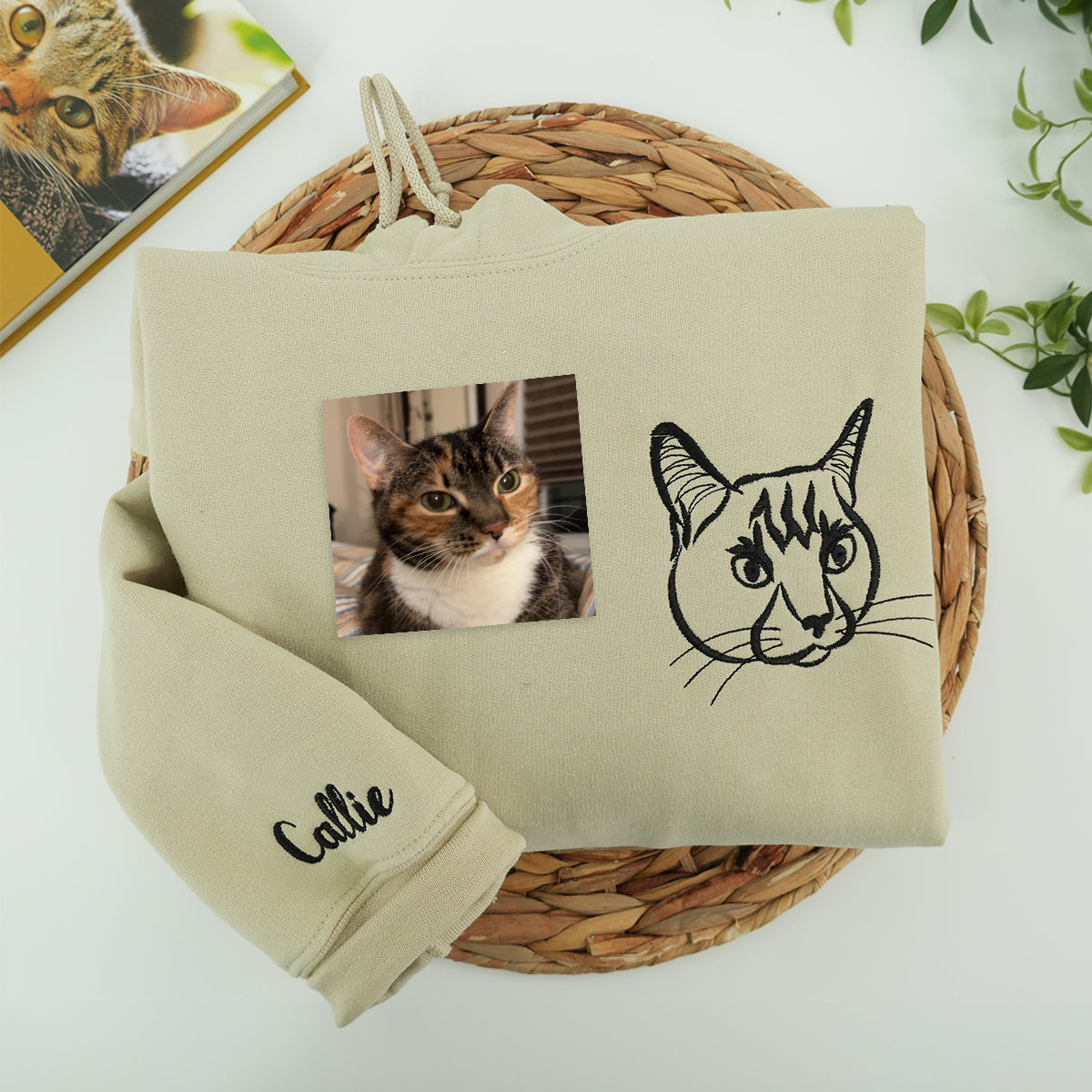 Custom embroidered hoodie with dog portrait stitched from uploaded photo