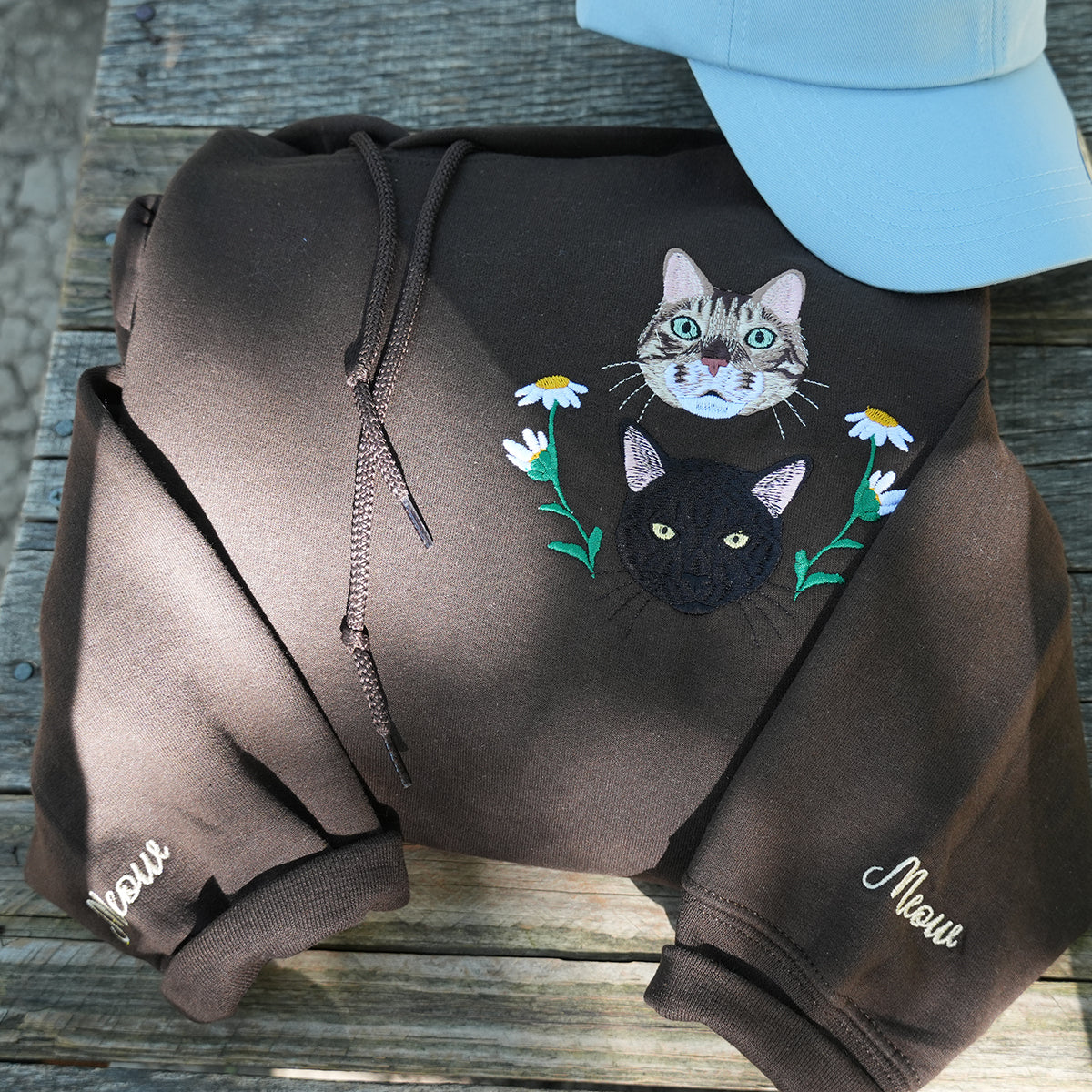 Custom embroidered hoodie with dog portrait stitched from uploaded photo