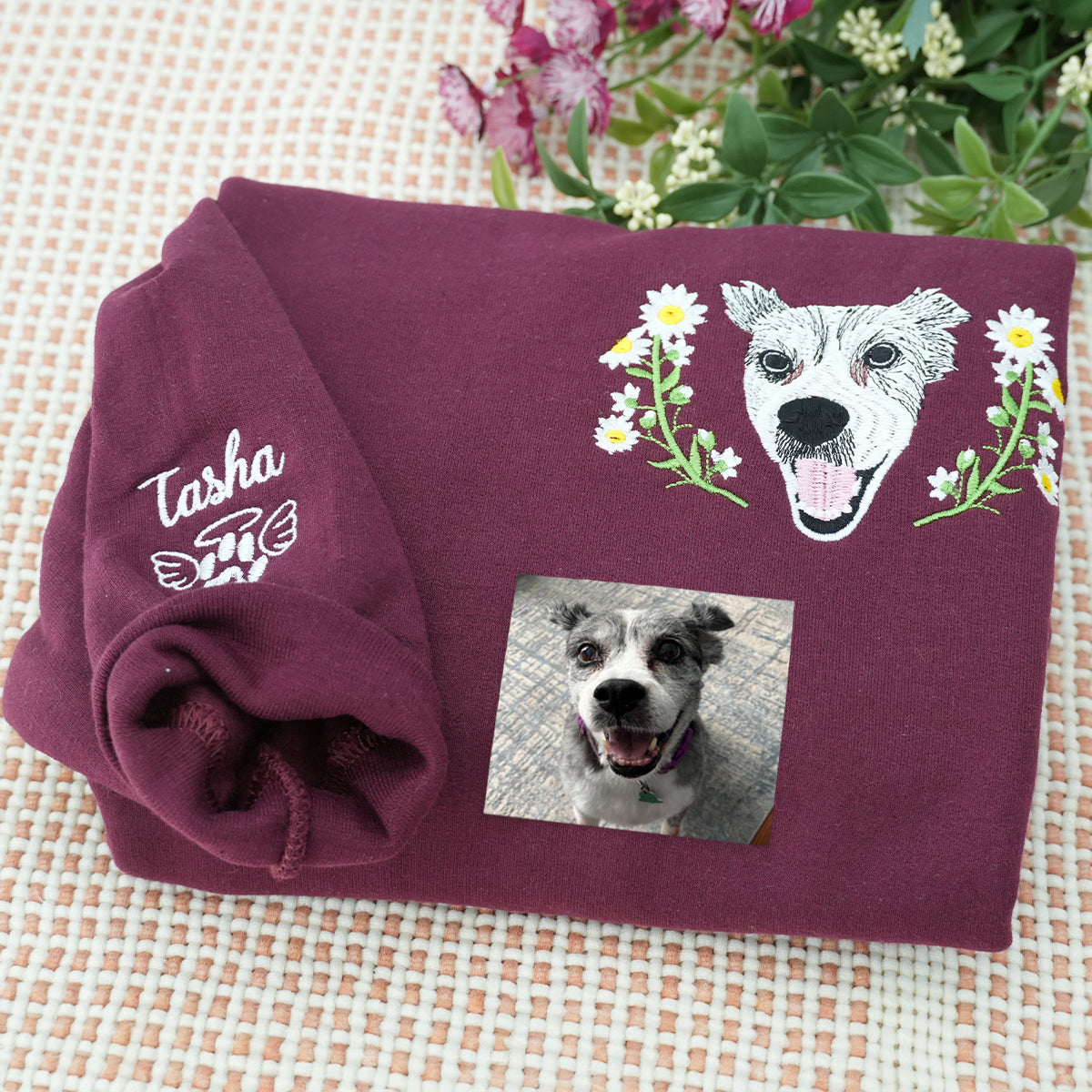 Custom embroidered hoodie with dog portrait stitched from uploaded photo