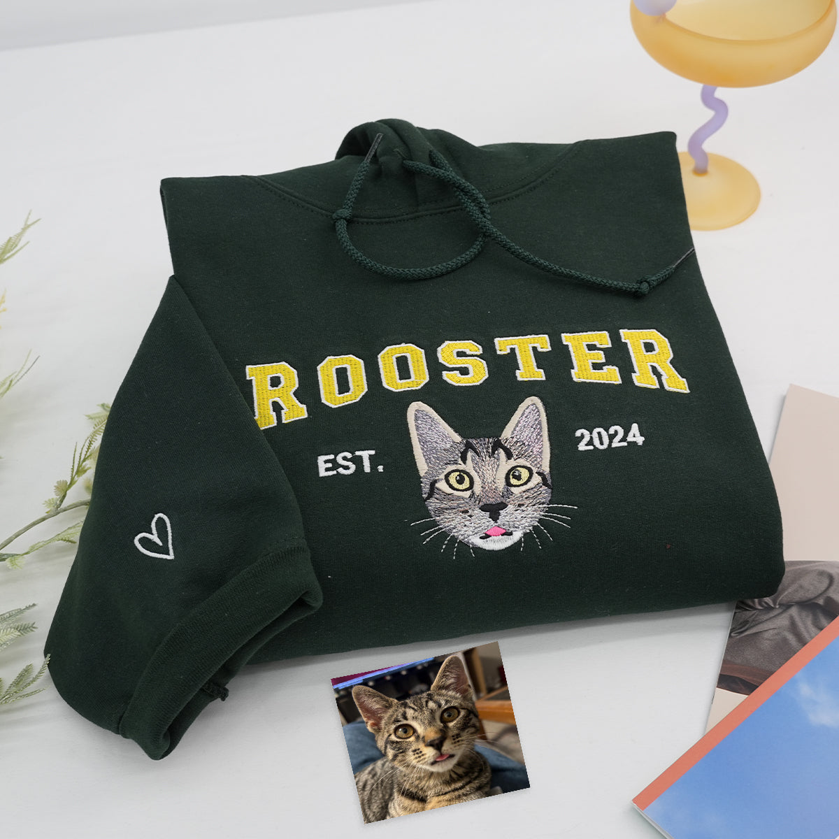 Custom embroidered hoodie with dog portrait stitched from uploaded photo