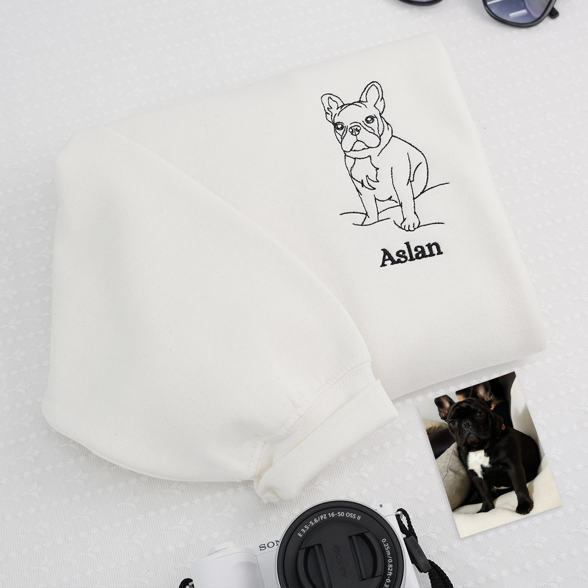 Custom embroidered hoodie with dog portrait stitched from uploaded photo