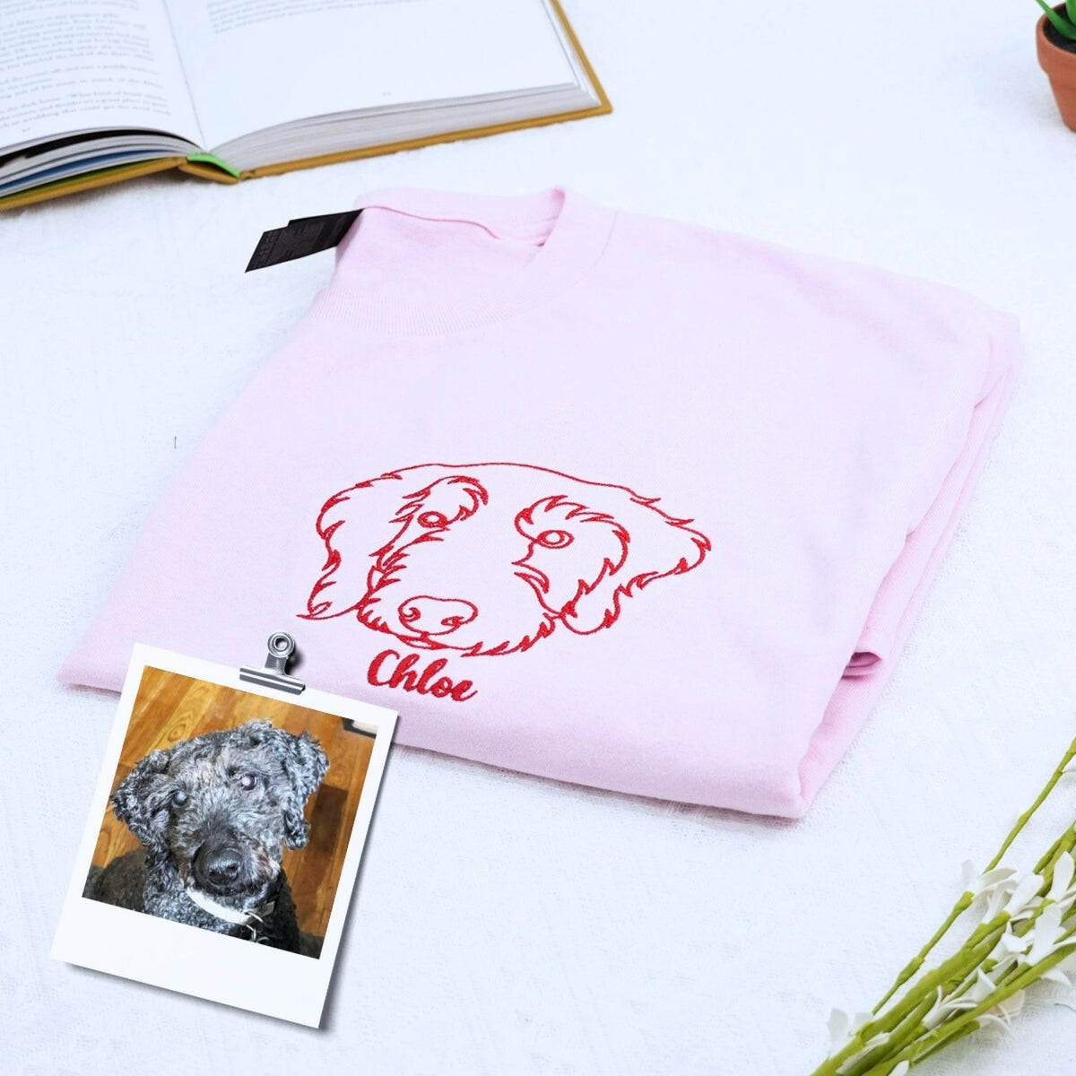 Youth shirt with custom embroidered pet portrait based on a dog or cat photo