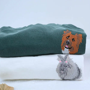 Custom embroidered shirt featuring pet portrait and name on sleeve – perfect personalized gift for pet lovers