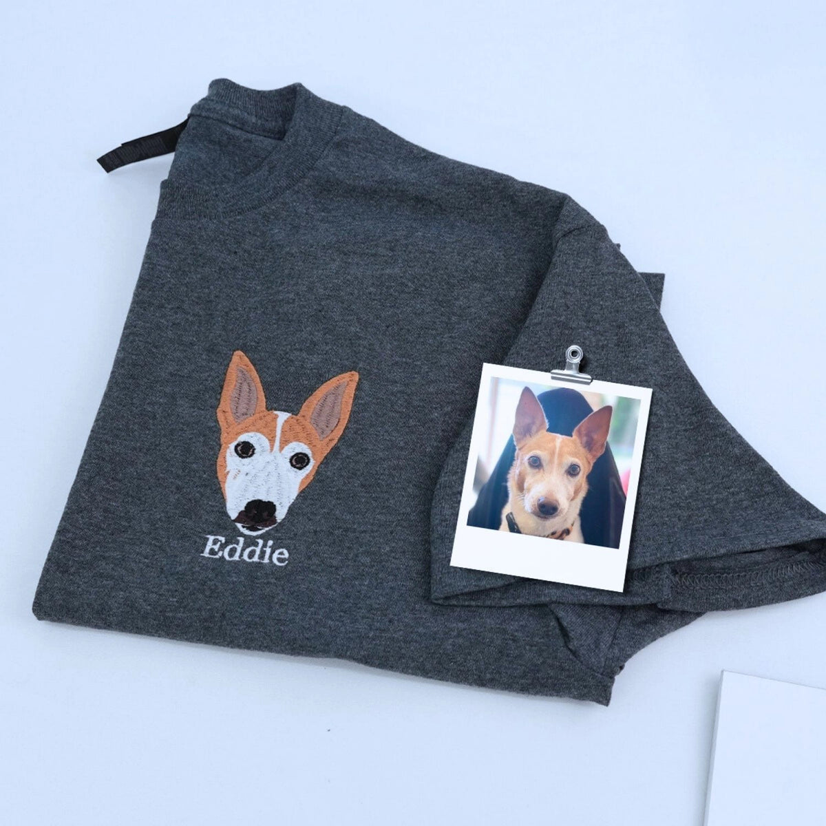 Youth shirt with custom embroidered pet portrait based on a dog or cat photo