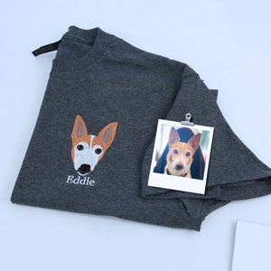 Youth shirt with custom embroidered pet portrait based on a dog or cat photo