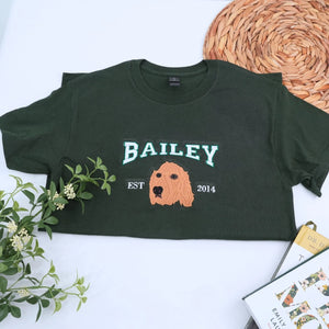 Youth shirt with custom embroidered pet portrait based on a dog or cat photo