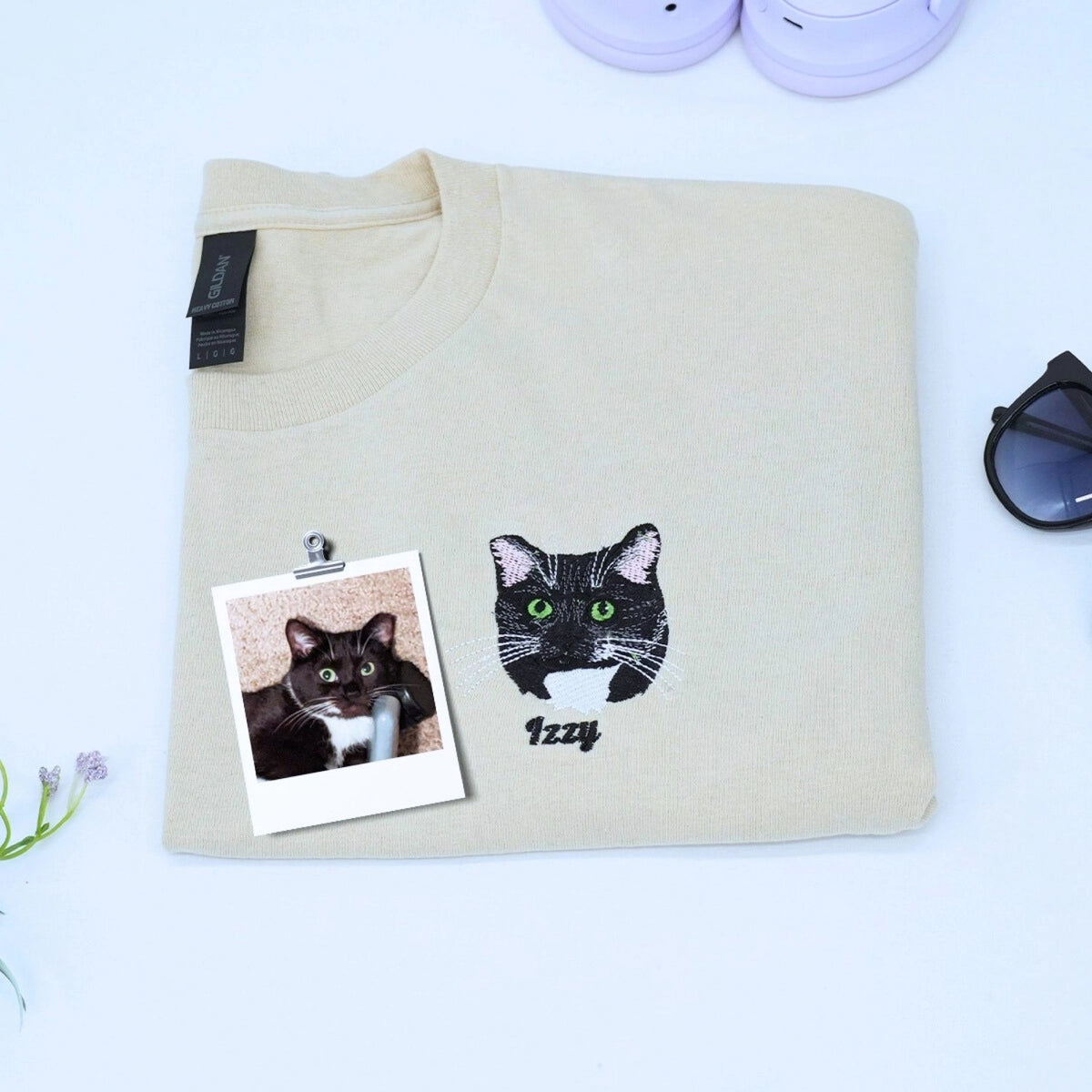 Youth shirt with custom embroidered pet portrait based on a dog or cat photo