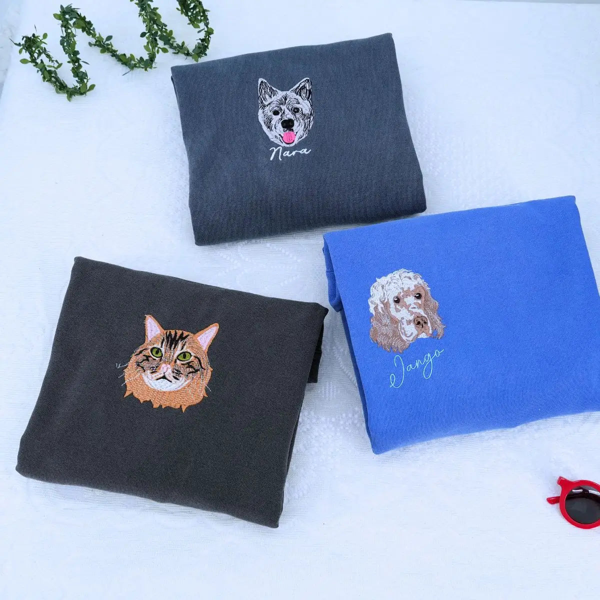 Custom embroidered shirt featuring pet portrait and name on sleeve – perfect personalized gift for pet lovers