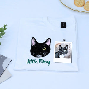 Youth shirt with custom embroidered pet portrait based on a dog or cat photo