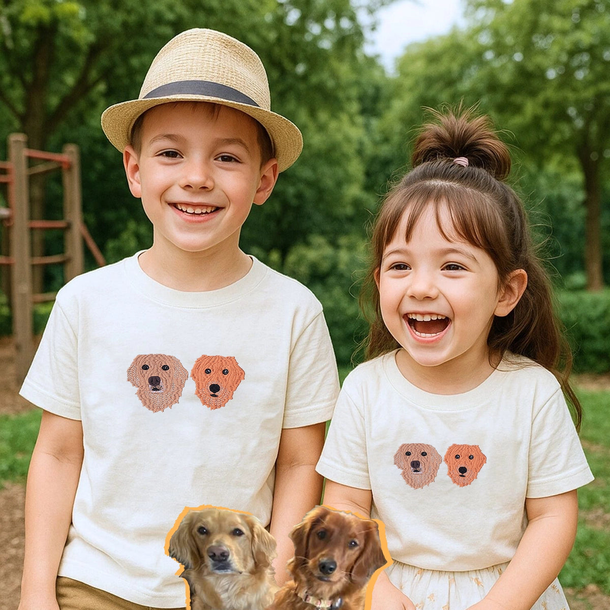 Youth shirt with custom embroidered pet portrait based on a dog or cat photo