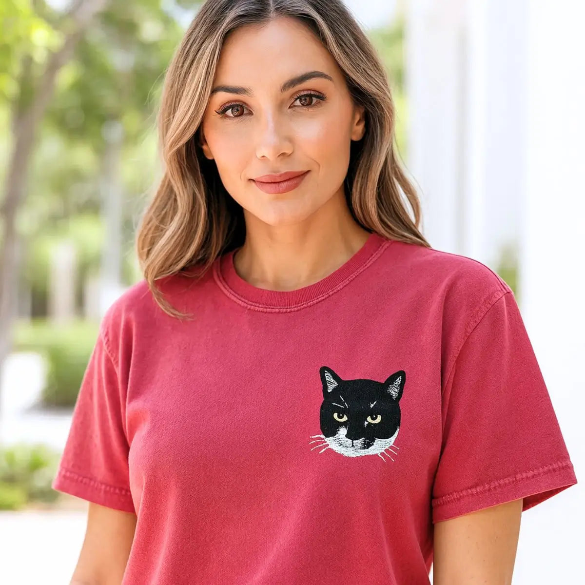 Custom white t-shirt with a embroidered cat dog face portrait, personalized from a customer photo