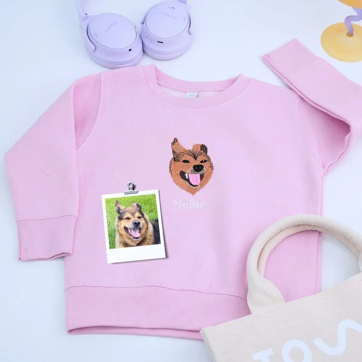 Embroidered toddler sweatshirt with custom pet portrait from photo, personalized hoodie gift for kids who love animals