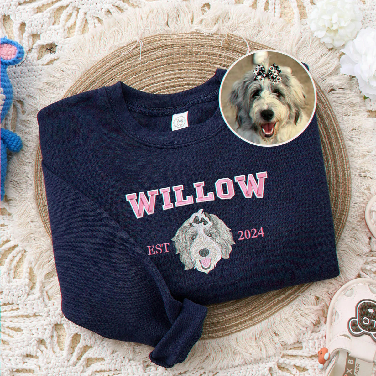 Custom Pet Portrait Youth T-Shirt, Embroidered Dog Cat Photo & Name Crewneck for Kids
