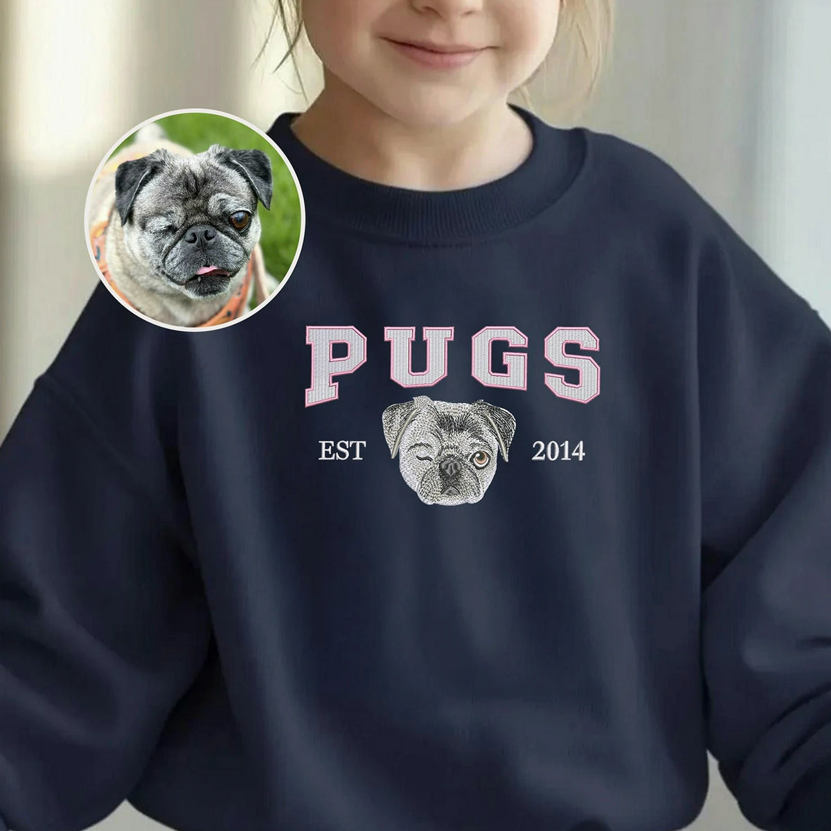 Custom Pet Portrait Youth T-Shirt, Embroidered Dog Cat Photo & Name Crewneck for Kids