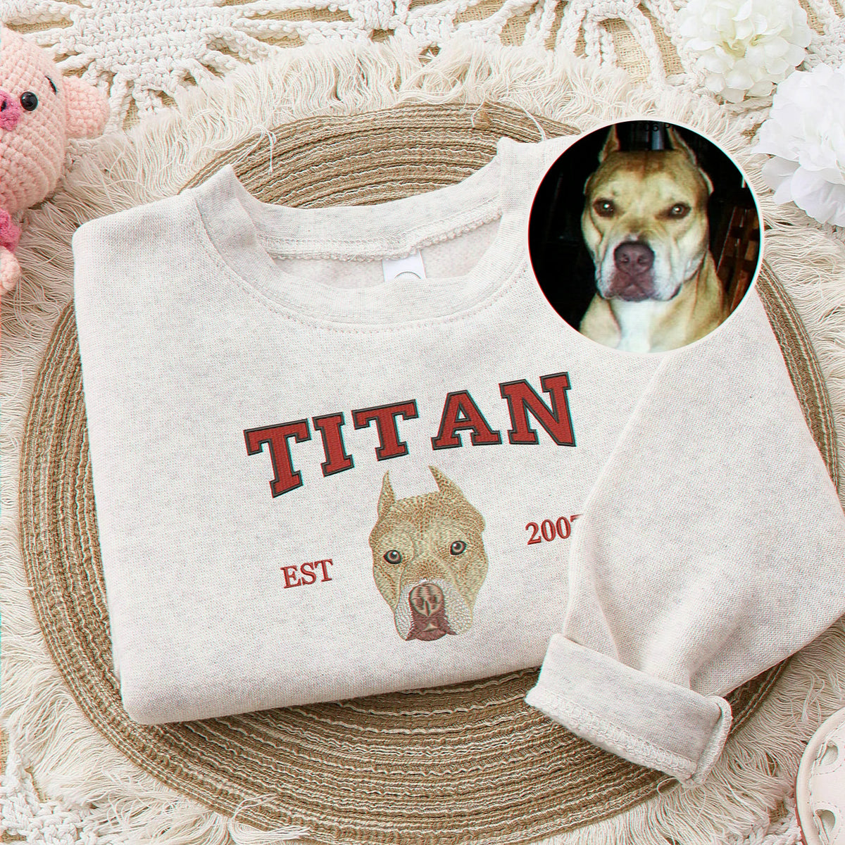 Custom Pet Portrait Youth T-Shirt, Embroidered Dog Cat Photo & Name Crewneck for Kids