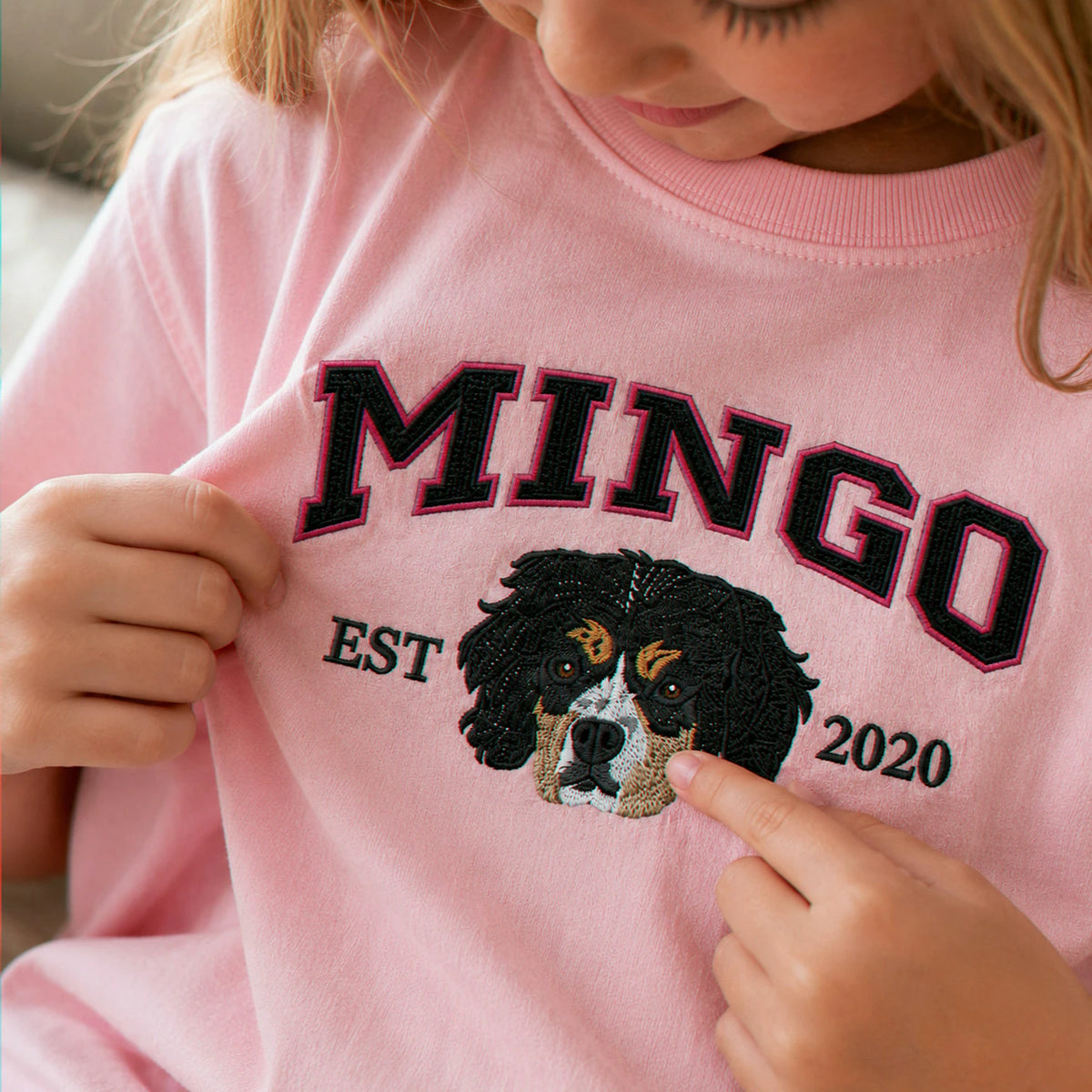 Custom Pet Portrait Youth T-Shirt, Embroidered Dog Cat Photo & Name Crewneck for Kids