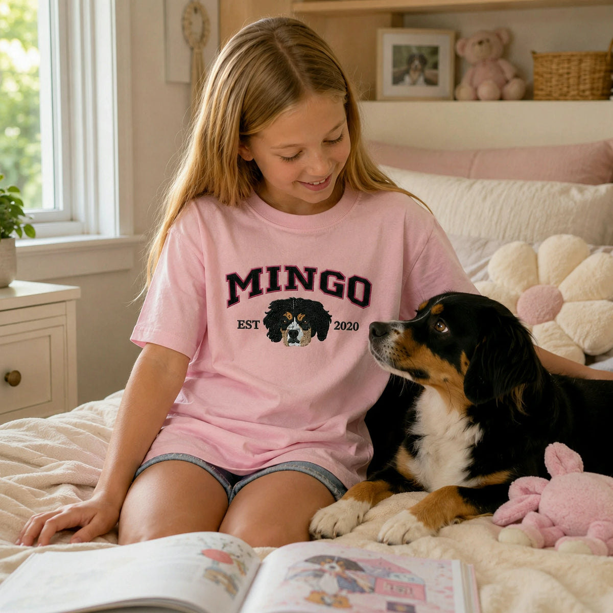 Custom Dog Portrait Est Varsity Youth T-Shirt, Embroidered Pet Photo & Name Tee for Kids