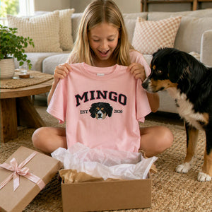 Custom Pet Portrait Youth T-Shirt, Embroidered Dog Cat Photo & Name Crewneck for Kids