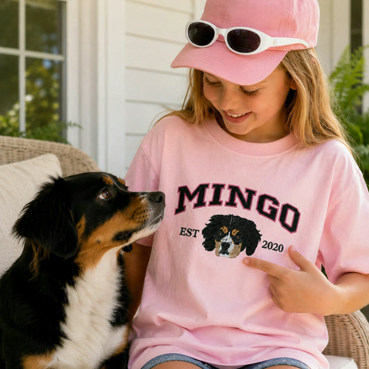 Custom Dog Portrait Est Varsity Youth T-Shirt, Embroidered Pet Photo & Name Tee for Kids