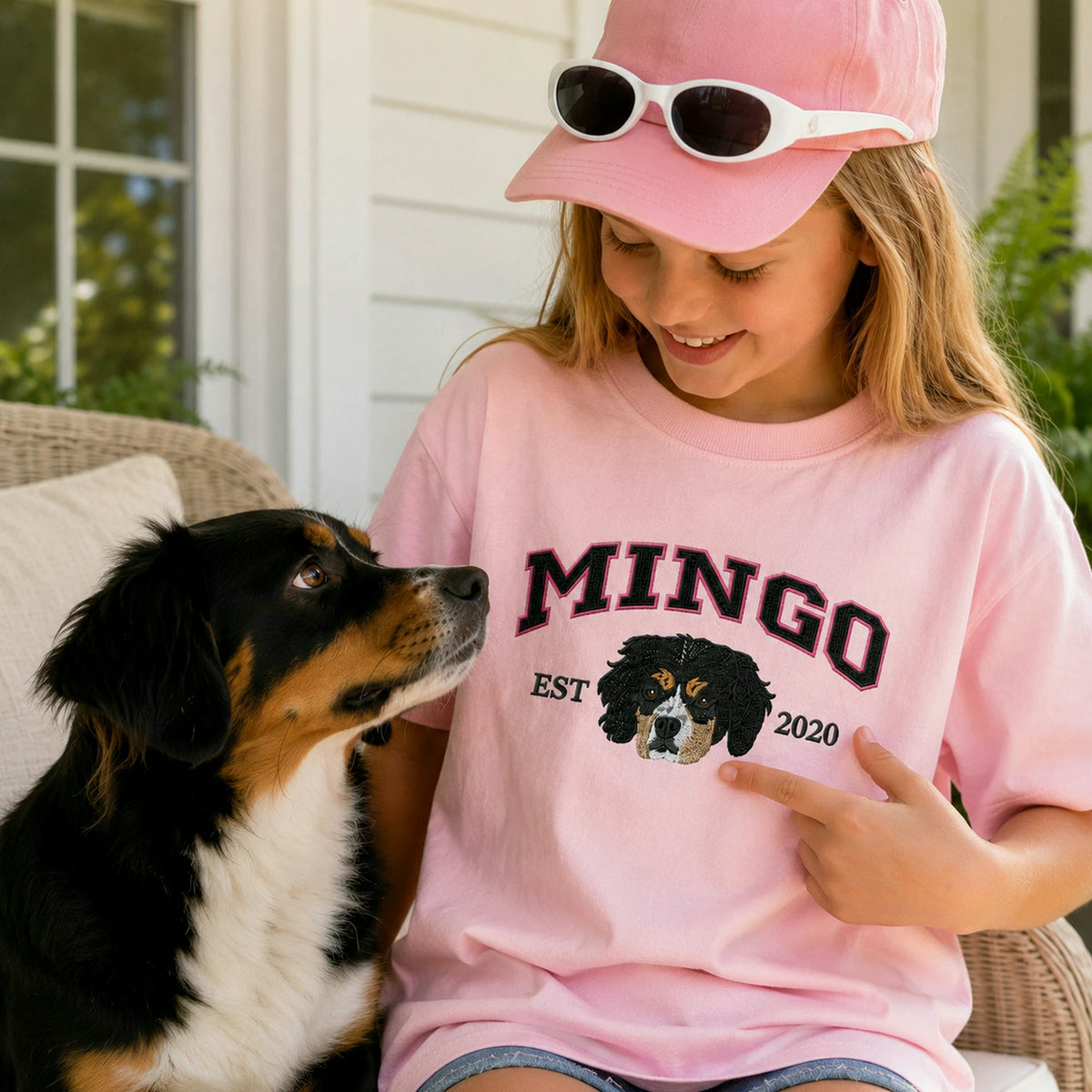 Custom Pet Portrait Youth T-Shirt, Embroidered Dog Cat Photo & Name Crewneck for Kids