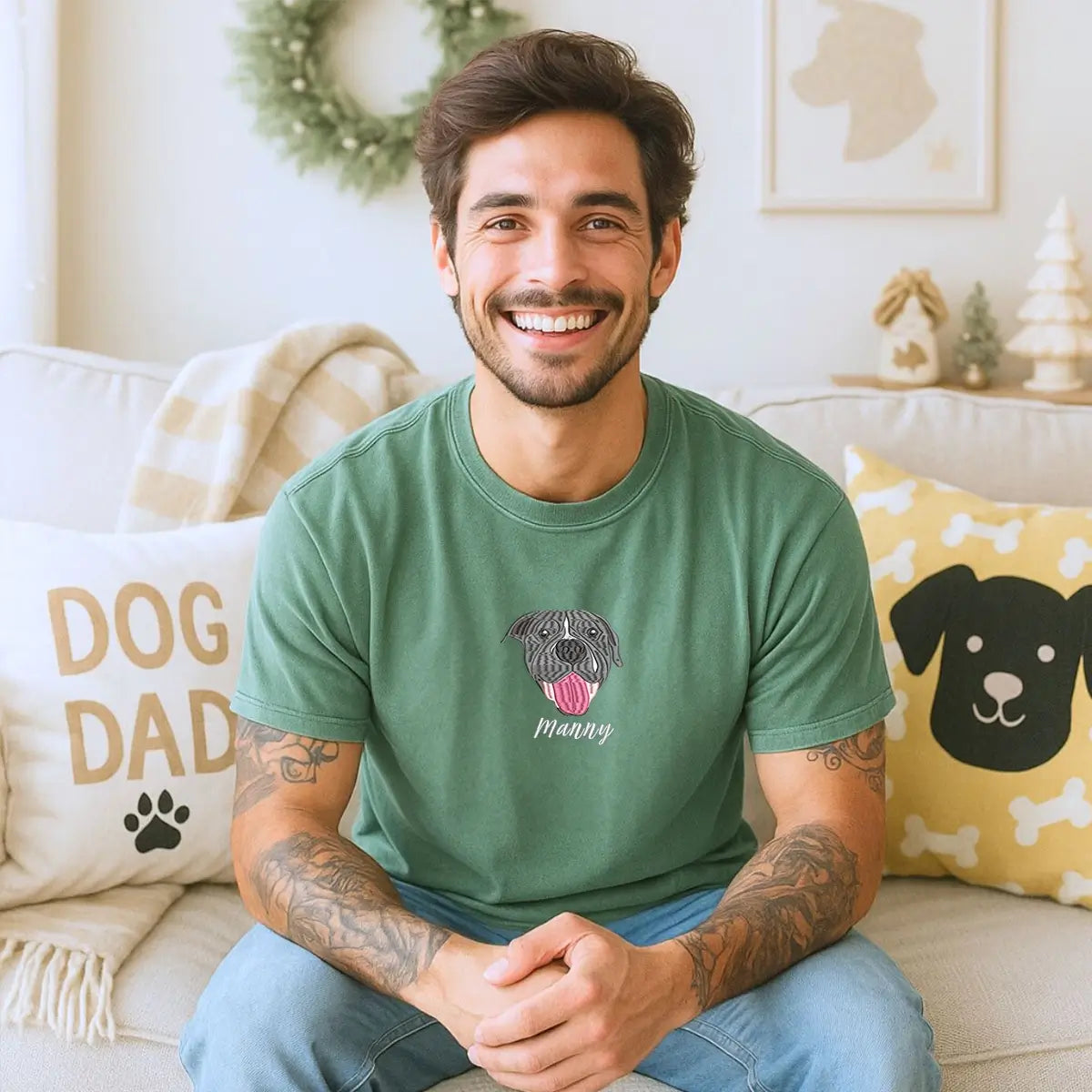Custom embroidered Pitbull Dad shirt with dog portrait and name on sleeve