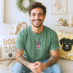 Custom embroidered Pitbull Dad shirt with dog portrait and name on sleeve