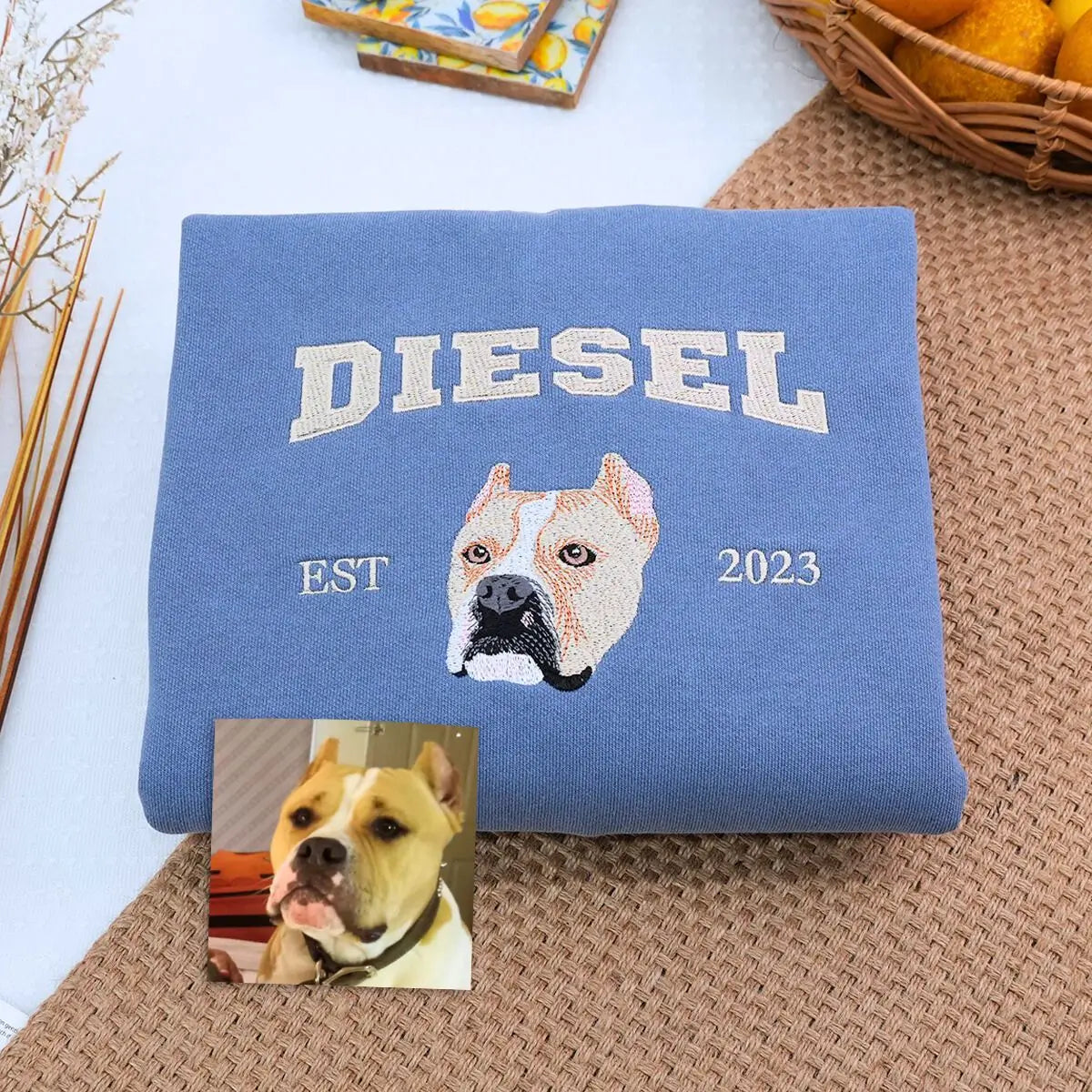 Custom embroidered Pitbull Dad shirt with dog portrait and name on sleeve