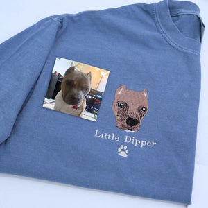 Custom embroidered Pitbull Dad shirt with dog portrait and name on sleeve