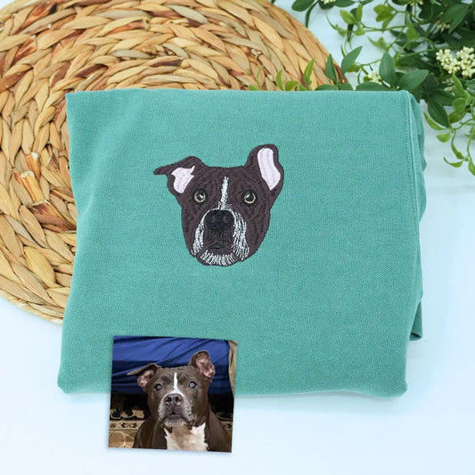 Custom embroidered Pitbull Dad shirt with dog portrait and name on sleeve