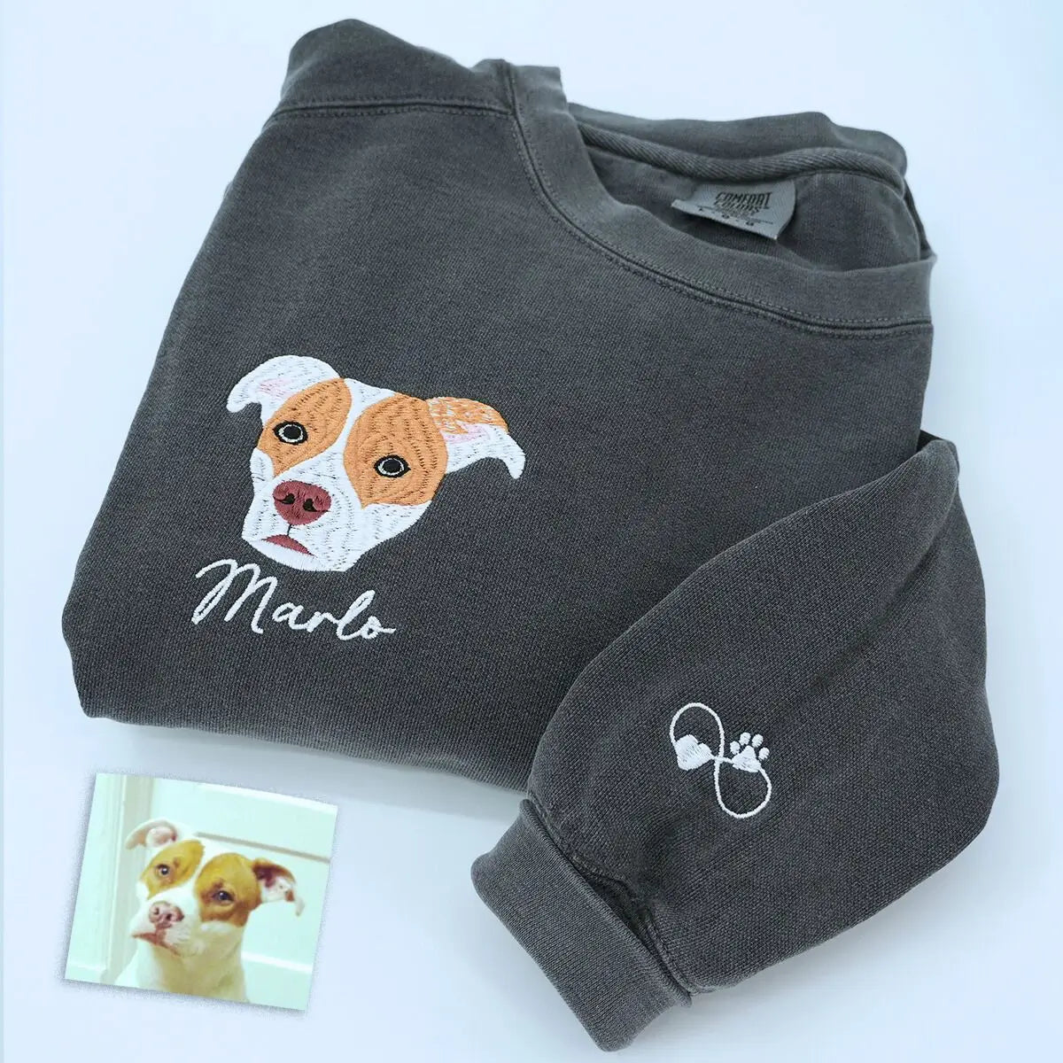Custom embroidered Pitbull Dad shirt with dog portrait and name on sleeve