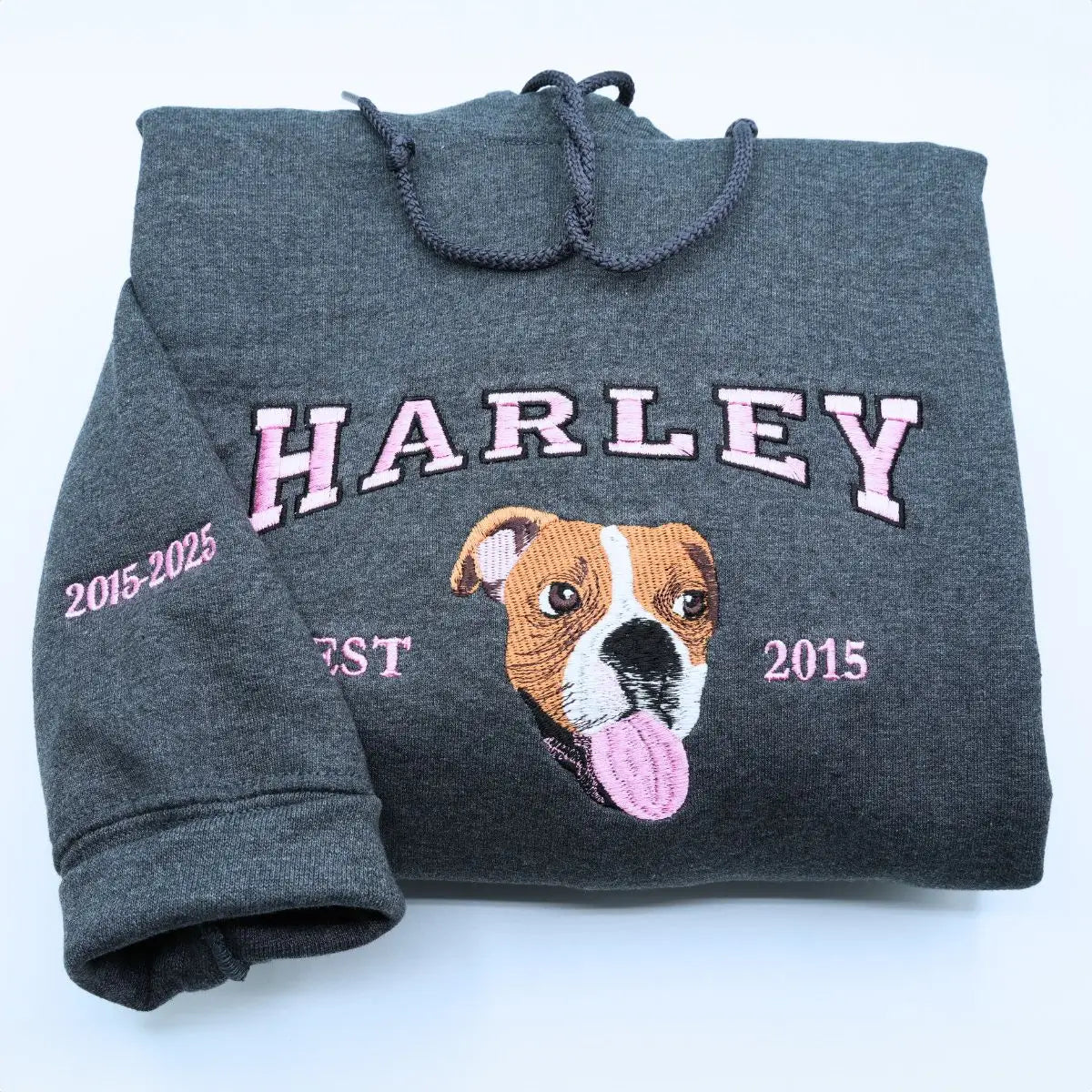Custom embroidered Pitbull portrait hoodie with personalized name on sleeve – perfect gift for dog moms