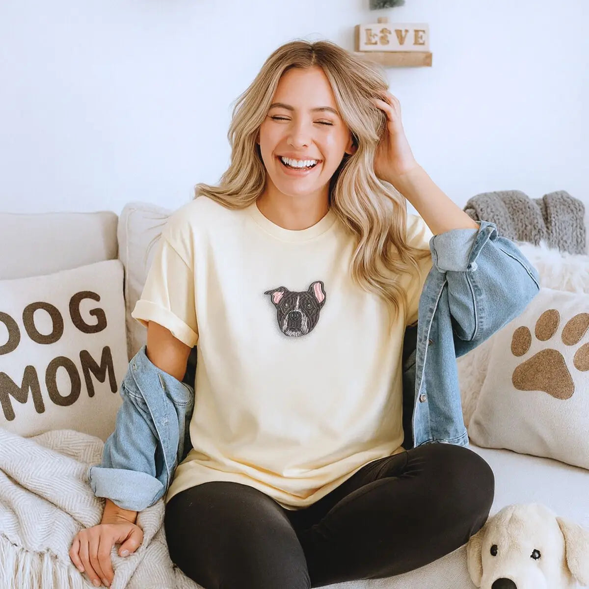 Custom embroidered Pitbull portrait shirt with personalized name on sleeve – perfect gift for dog moms