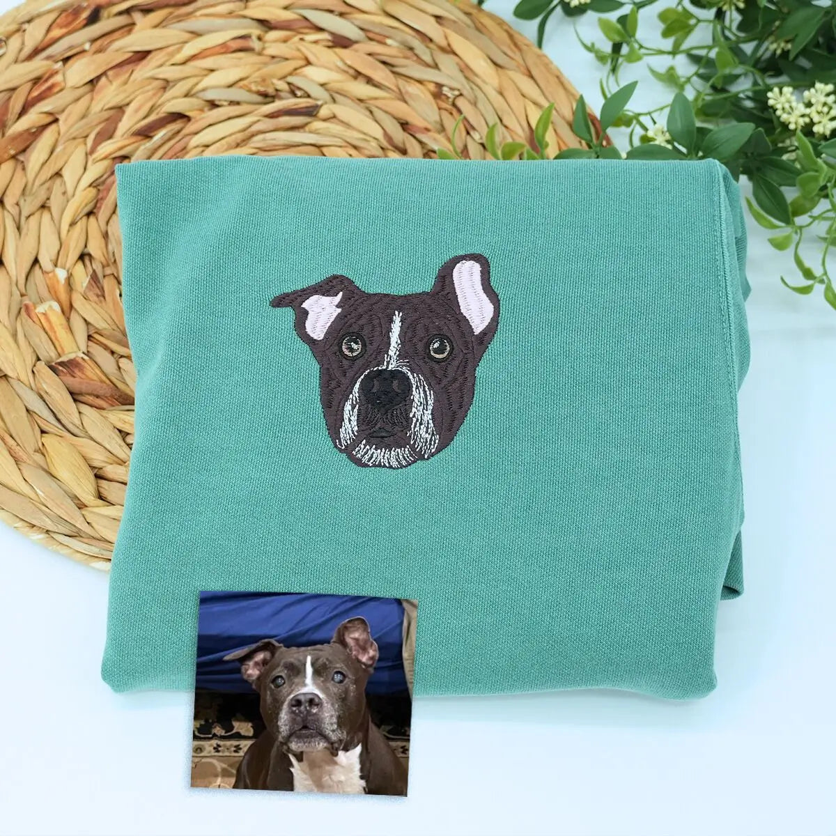 Custom embroidered Pitbull portrait shirt with personalized name on sleeve – perfect gift for dog moms