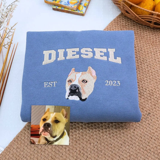 Custom embroidered Pitbull portrait shirt with personalized name on sleeve – perfect gift for dog moms