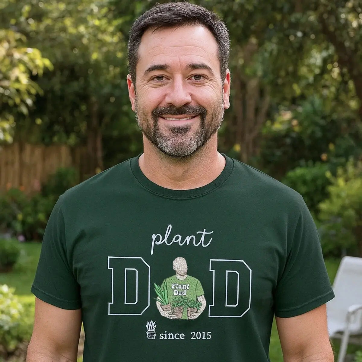 Custom embroidered plant dad shirt with personalised photo portrait and sleeve name, unique gift for plant lovers