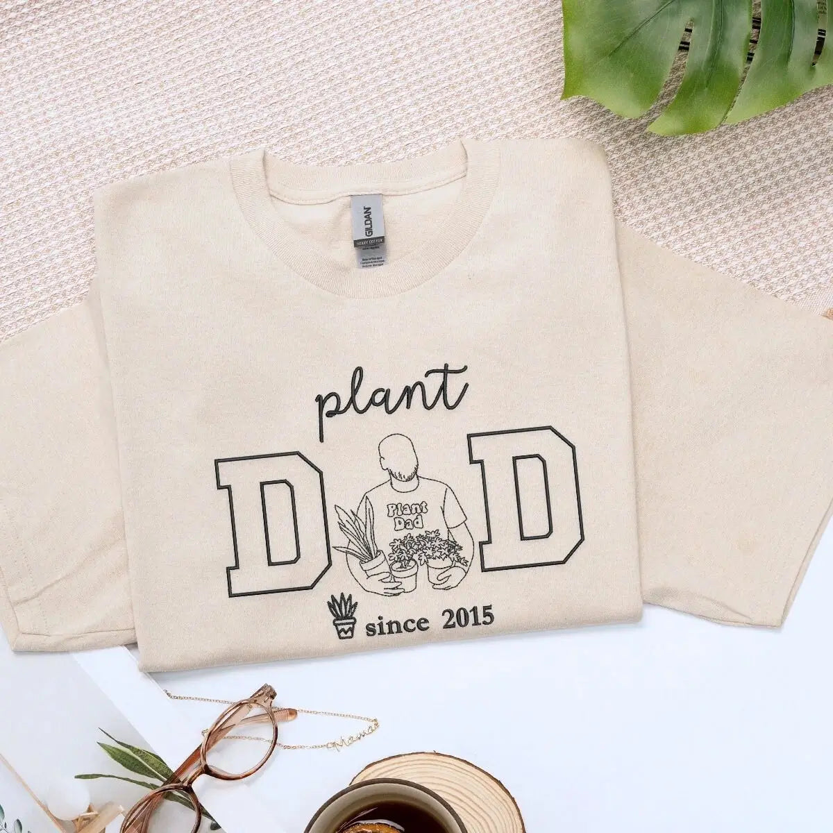 Custom embroidered plant dad shirt with personalised photo portrait and sleeve name, unique gift for plant lovers