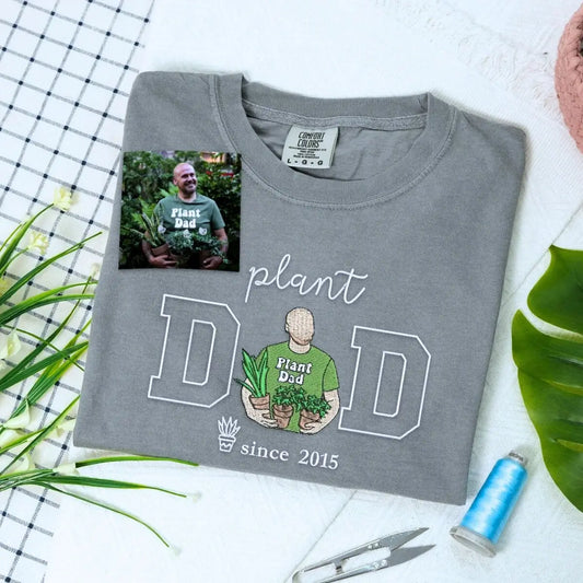 Custom embroidered plant dad shirt with personalised photo portrait and sleeve name, unique gift for plant lovers