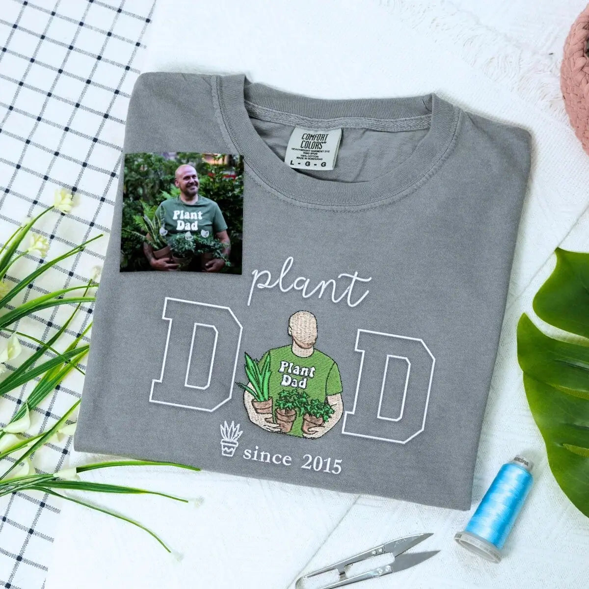 Custom embroidered plant dad shirt with personalised photo portrait and sleeve name, unique gift for plant lovers