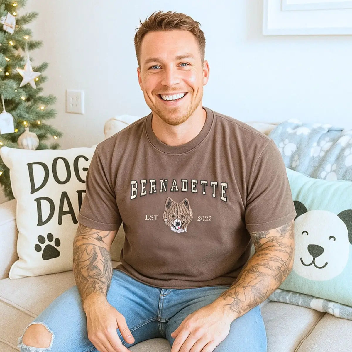 Custom embroidered shirt featuring Pomeranian portrait and name on sleeve